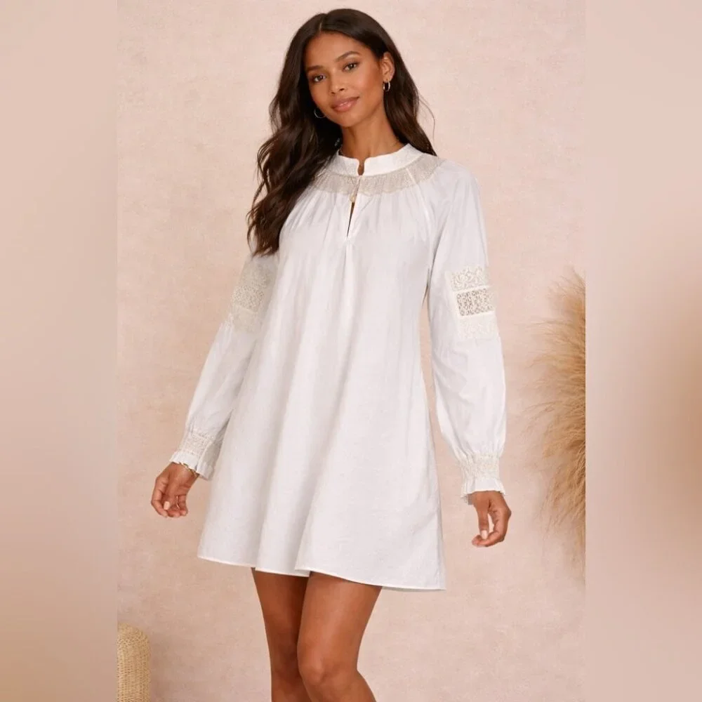 Tibi Anthropologie White Cotton Lace Embroidered Tunic Dress Boho Summer Casual - Picture 2 of 15